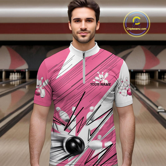 Custom White And Pink Bowling Team Men Quarter-Zip Shirts, Bowling Ball And Pins Jerseys IPHW9599