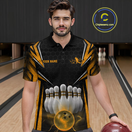 Custom Black And Yellow Bowling Team Jerseys, Bowler Uniform Bowling Polo Shirts For Men IPHW9286
