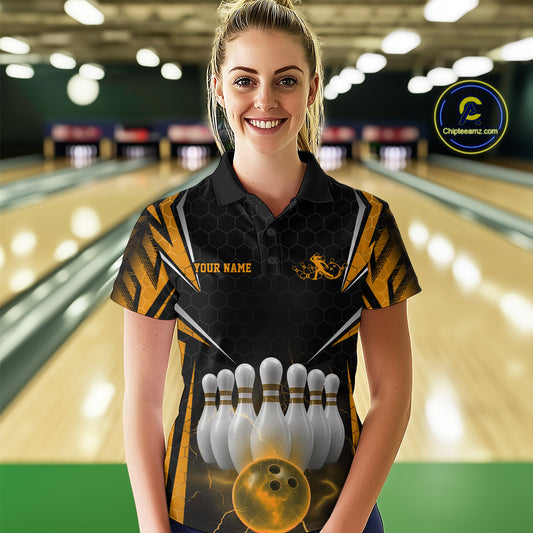 Custom Black And Yellow Bowling Team Jerseys, Bowler Uniform Bowling Polo Shirt For Women IPHW9286