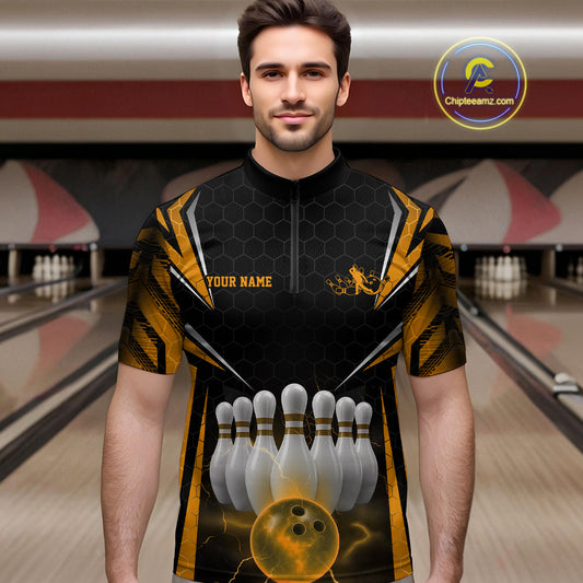 Custom Black And Yellow Bowling Team Jerseys, Bowler Uniform Bowling Quarter-Zip Shirts For Men IPHW9286