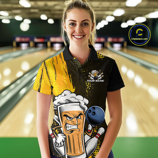 Custom Black And Yellow Funny Bowling And Beer Jerseys, Bowling Team Women Polo Shirts IPHW9606