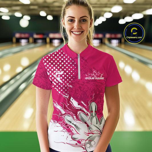 Custom White And Pink Bowling Women Quarter Zip Shirt, Flame Bowling Jerseys Team Shirt IPHW9619