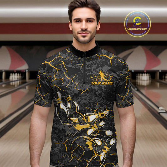 Custom Black And Yellow Camo Bowling Team Quarter-Zip Shirts For Men, Bowling League Shirt IPHW9371