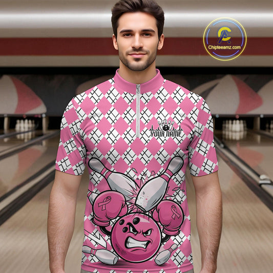 Custom Pink Argyle Pattern Funny Breast Cancer Fighter Bowling Quarter-Zip Shirts For Men IPHW9396