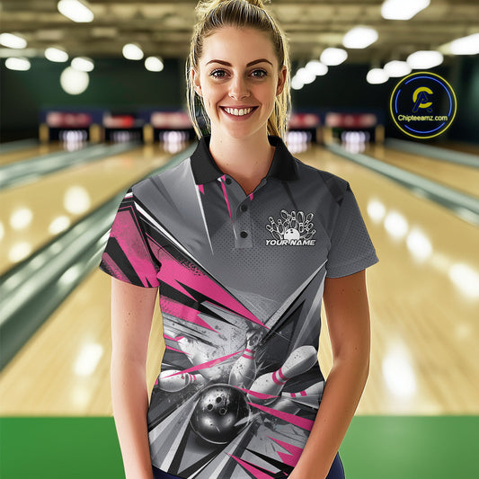 Custom Pink And Gray Bowling Polo Shirts For Women, Bowler Outfit Bowling League Shirt IPHW9558