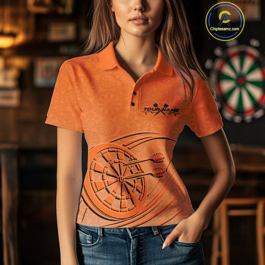 Custom Orange Darts Polo Shirts For Women, Orange Dartboard Dart Team Jerseys For Players IPHW9636