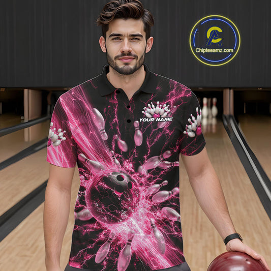 Custom Pink Thunder Lightning Bowling Team Men Polo Shirts, Bowling Jerseys IPHW9745