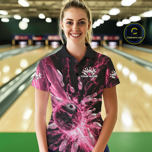 Custom Pink Thunder Lightning Bowling Team Women Polo Shirts, Bowling Jerseys IPHW9745