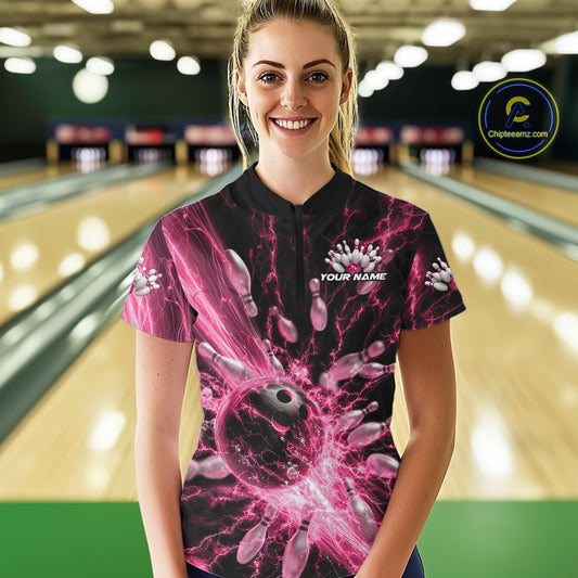 Custom Pink Thunder Lightning Bowling Team Women Quarter-Zip Shirts, Bowling Jerseys IPHW9745