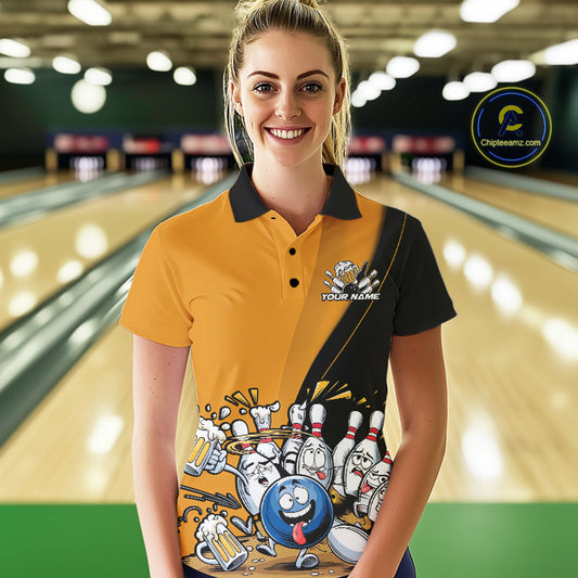 Custom Yellow Funny Bowling Women Polo Shirts, Bowling And Beer Party Bowlers Outfit IPHW9610