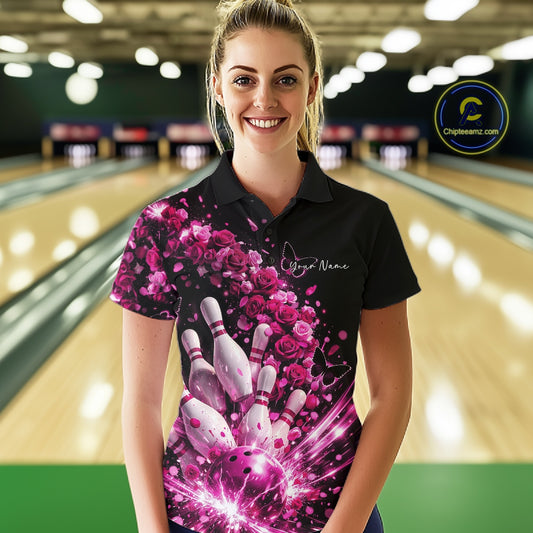 Custom Pink Roses And Butterfly Women Bowling Shirt, Flower Ladies Bowling League Shirt IPHW10887