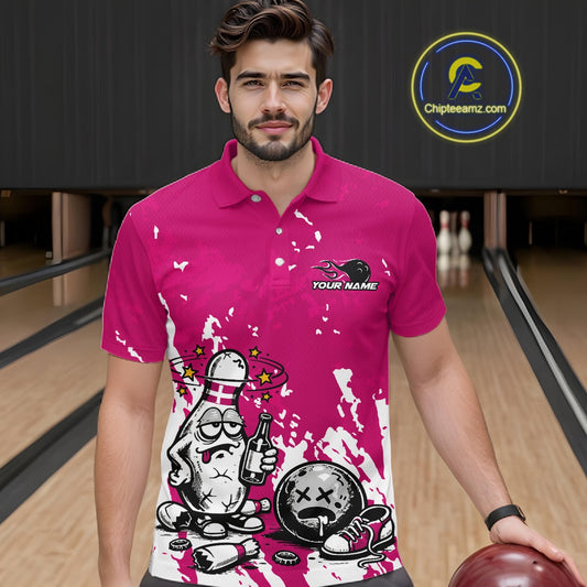 Male model in a bowling lane wearing a pink and white polo shirt, playful drunk bowling pin artwork with beer bottle and bowling ball.