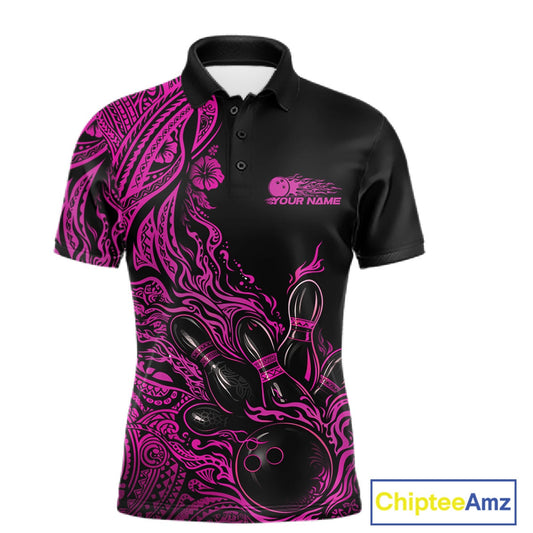 Custom Black And Pink Tribal Pattern Flame Bowling Team Shirts, Polynesian Bowling Ball Bowling League Shirt IPHW10494
