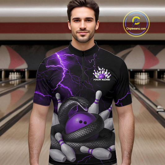 Custom Black And Purple Thunder Lightning Black Mamba Snake Bowling Team Men Quarter-Zip Shirt IPHW10153