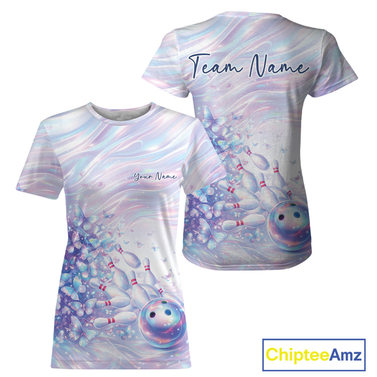 Front and back mockup of a womens crewneck bowling T-shirt featuring pastel purple and pink holographic butterflies and colorful bowling artwork