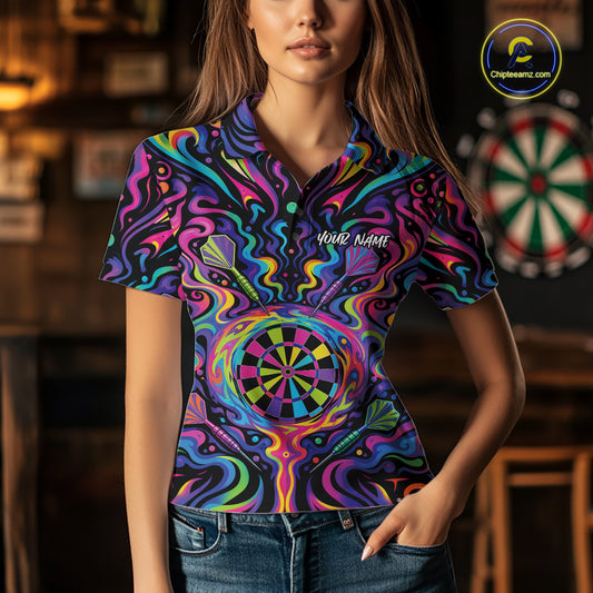 Custom Colorful Psychedelic Darts Polo Shirts For Women, Dartboard Darts Outfit IPHW11727