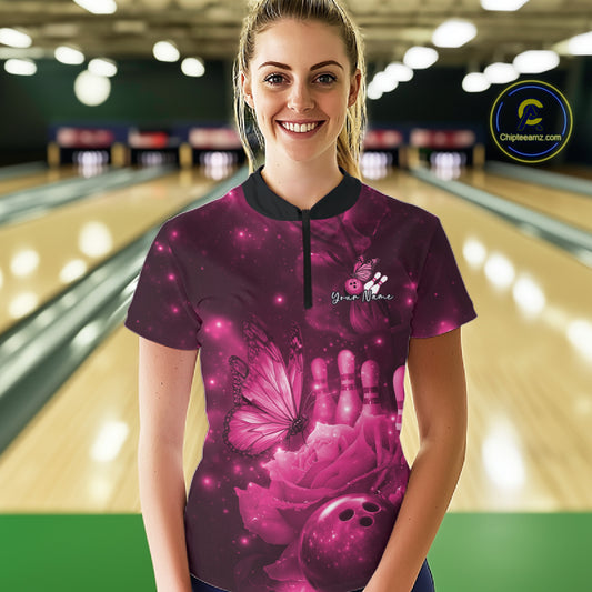 Custom Pink Butterfly And Roses Bowling Women Quarter-Zip Shirts, Ladies Bowling Team IPHW10878
