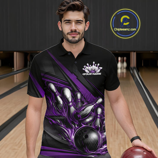 Male model in a bowling lane wearing a black polo shirt, front view featuring purple flame bowling ball hitting pins dynamic artwork