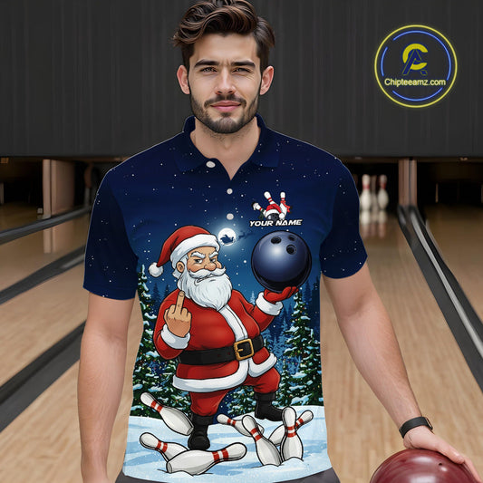 Custom Funny Christmas Bowling Men Polo Shirts, Xmas Santa Bowling Team Outfit IPHW10094