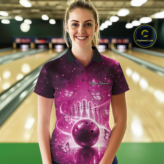 Custom Pink Butterfly Women Bowling Polo Shirt, Ladies Bowling League Shirt IPHW10923