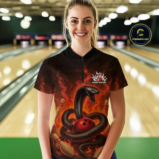 Custom Red Flame Black Mamba Snake Women Bowling Shirt, Snake Bowling Team Jerseys IPHW10149