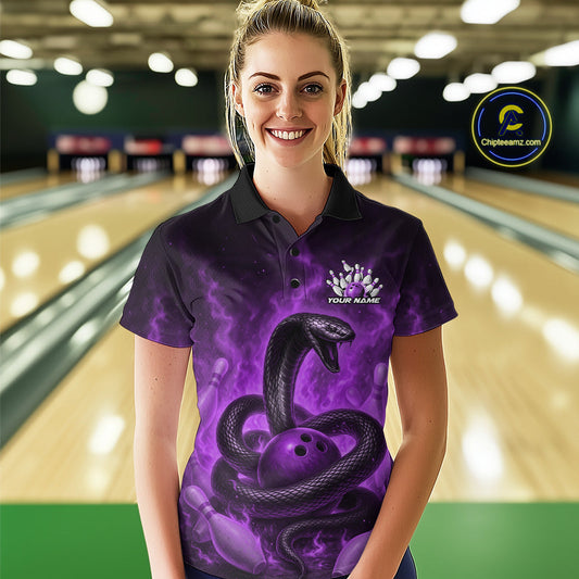 Custom Purple Flame Black Mamba Snake Bowling Women Polo Shirt, Snake Bowling Jerseys IPHW10150