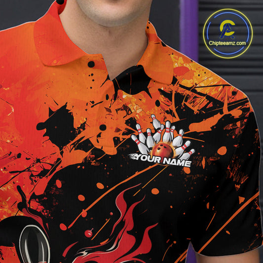 Custom Red Orange Flame Bowling Men Polo Shirts, Splatter Bowling Team Tournament Shirt IPHW9932
