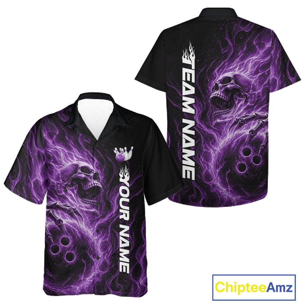 Front and back view of a black button-up bowling shirt featuring a skull clutching a bowling ball engulfed in swirling purple energy flames