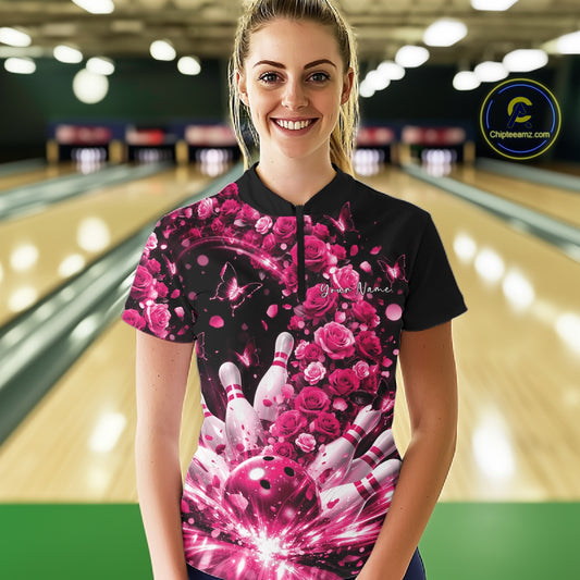 Custom Beautiful Pink Roses And Butterfly Women Bowling Team Shirt, Bowling League Shirt IPHW10891