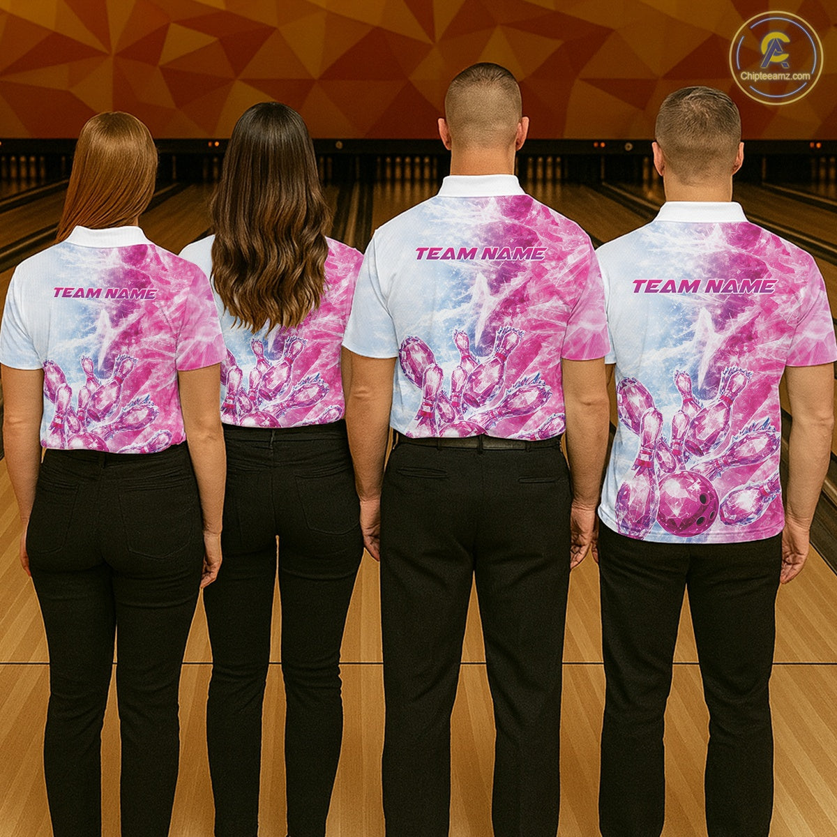 Custom Blue And Pink Ice Crystal Bowling Team Shirts, Bowling League Shirt Bowling Jerseys Multi Styles IPHW10422