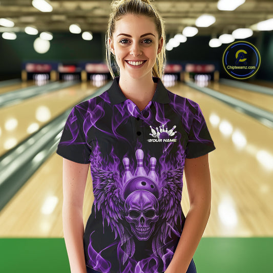 Custom Black And Purple Flame Skull With Wings Women Bowling Shirt, Halloween Team Shirt IPHW10168