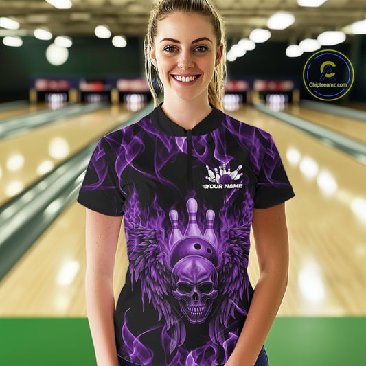 Custom Black And Purple Flame Skull With Wings Women Bowling Shirt, Halloween Team Shirt IPHW10168