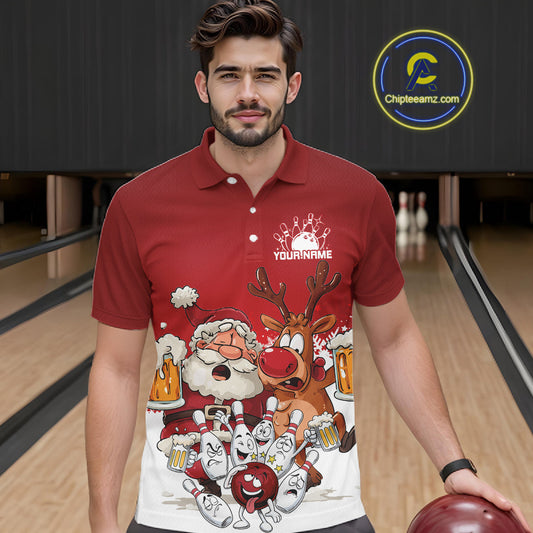 Custom Red Funny Christmas Men Bowling Shirts, Bowling And Beer Xmas Party Shirt IPHW10204