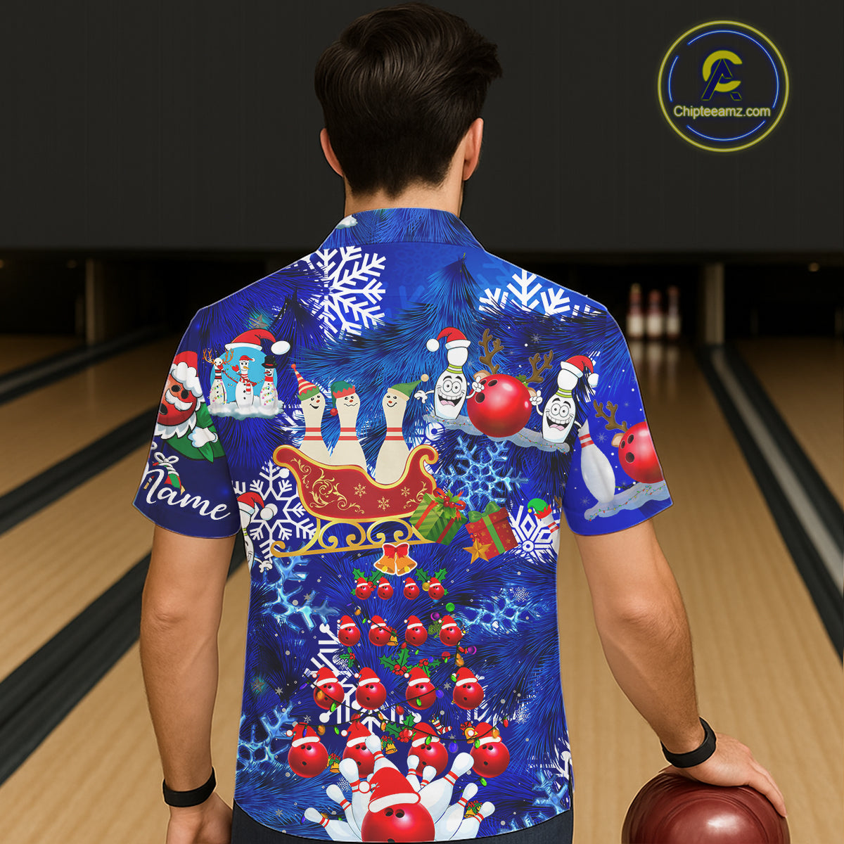 Personalized blue Christmas pattern Bowling Santa hawaiian shirts Custom team button up shirts NQS6617