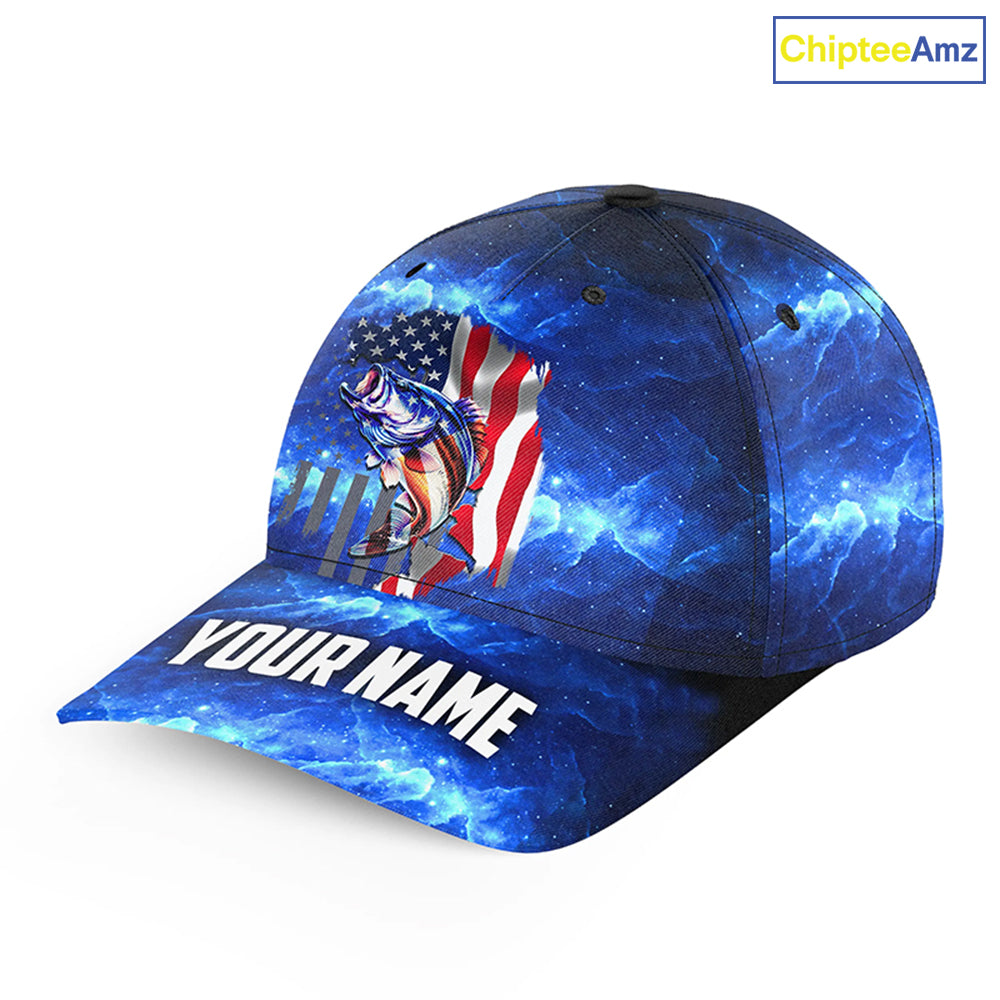 Bass Fishing American Flag patriotic blue galaxy Custom fishing hat Unisex Fishing Baseball Angler hat NQS1715