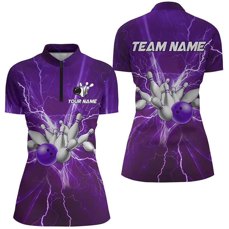 Womens bowling Quarter Zip shirts Custom purple lightning thunder Bowling Team Jersey, gift for Bowler NQS7395