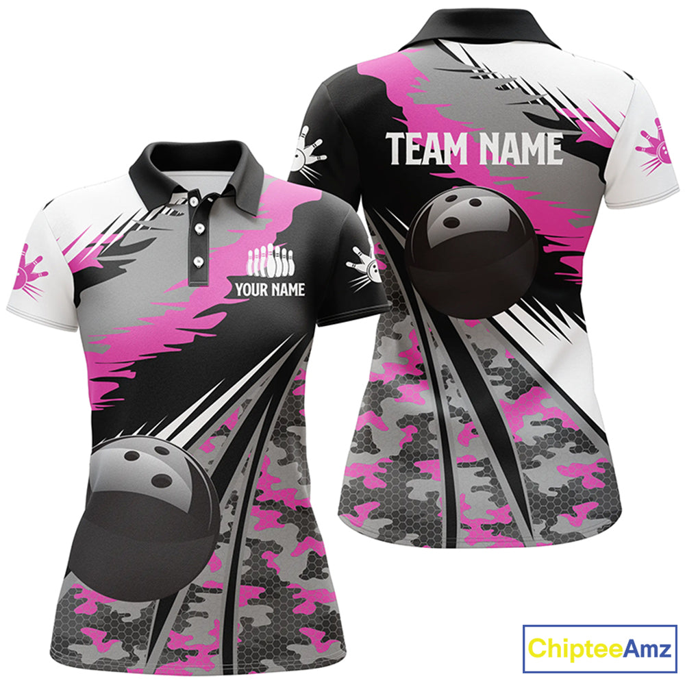 Custom black bowling shirt for women – personalized team jersey front view