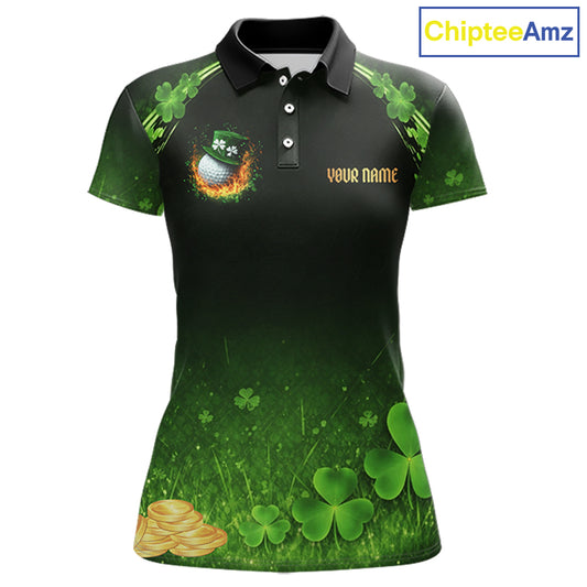 Flame golf ball green shamrock St Patrick's Day Custom couple matching men and womens golf shirts NQS11413