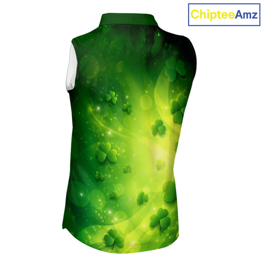 Green clover pattern St Patrick's Day Ladies Sleeveless Golf Polo Shirts Custom Shamrock Golf outfit NQS11628