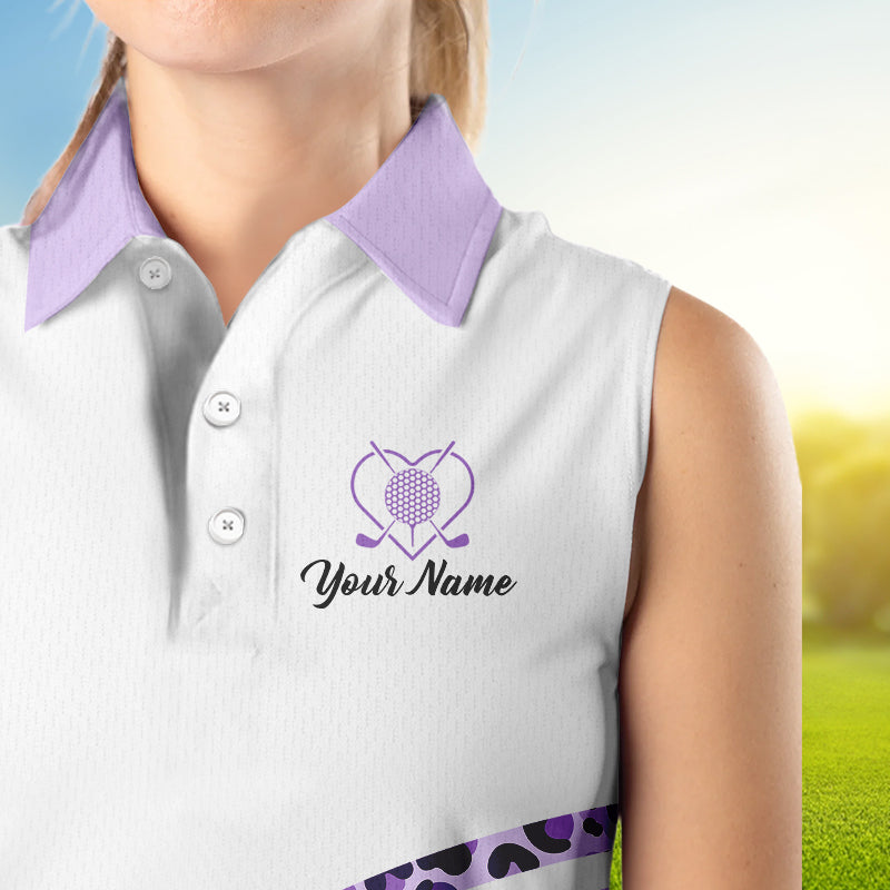 Purple leopard white Women sleeveless polo shirt custom name golf tops for ladies, unique golf gifts NQS9362