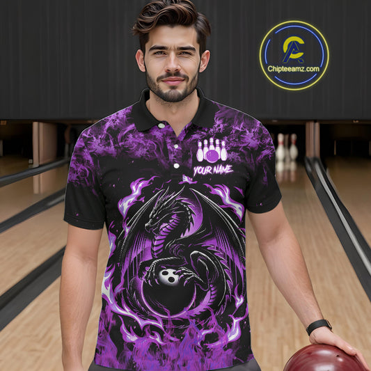 Black and Purple Flame Dragon bowling shirts for Men Custom Bowling Team Jersey, gift for Bowler NQS10247