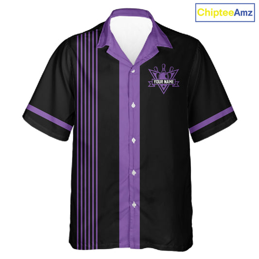 Custom Black and Purple American Flag Retro Bowling Team Hawaiian Shirts, Patriotic Bowling Outfits NQS11650