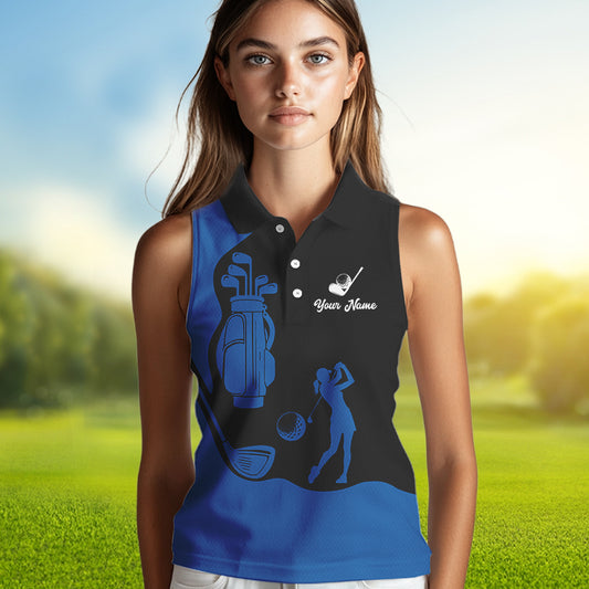Black and Blue Women Sleeveless polo shirt customized name golf clothing, personalized golf gifts NQS9691