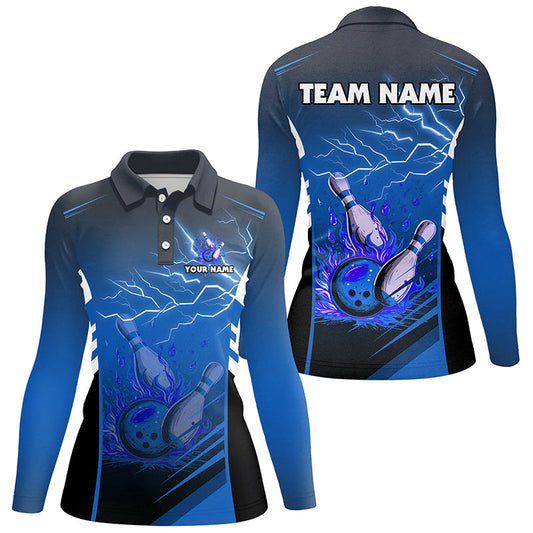 Flame bowling ball and pins lightning custom Women Bowling Polo Shirts, team bowling jerseys | Blue NQS7477