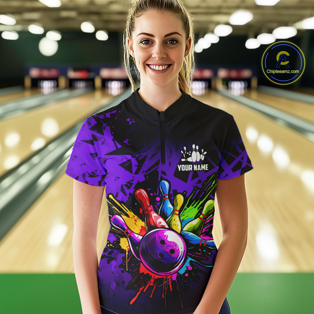 Colorful bowling jersey Polo, 1/4 Zip Shirt for Women Custom Bowling Team shirts for bowler| Purple NQS8258