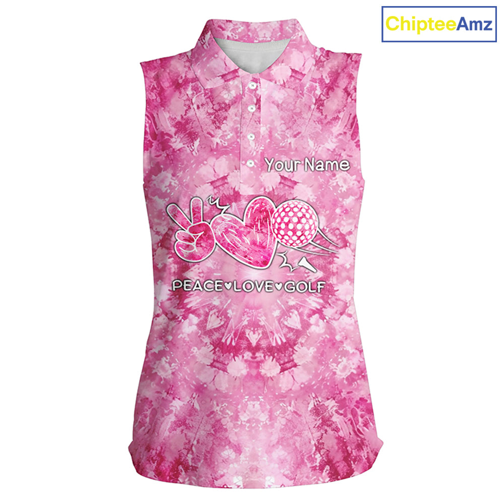 Women sleeveless polo shirt pink tie dye pattern custom peace love golf, personalized golf shirt NQS7836