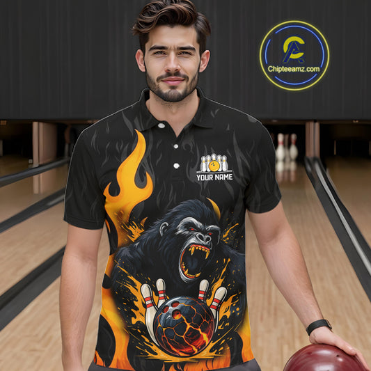 Black and Orange Flame Gorilla Bowling shirts For Men Custom Gorilla Team Bowling Jerseys NQS11279