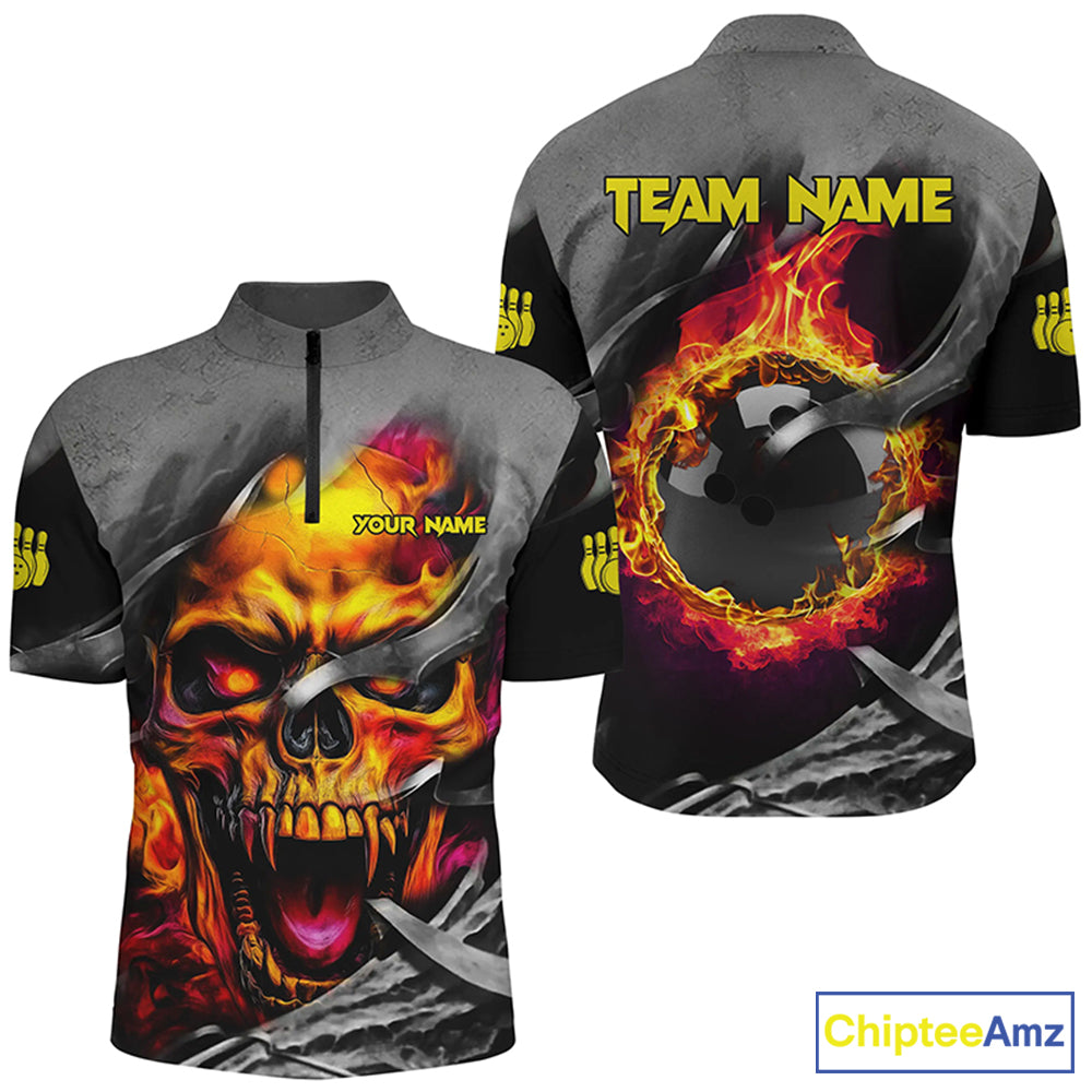 Flame Skull Bowling Shirts For Men Custom Halloween Bowling Team Jerseys, bowling gifts for him NQS8503