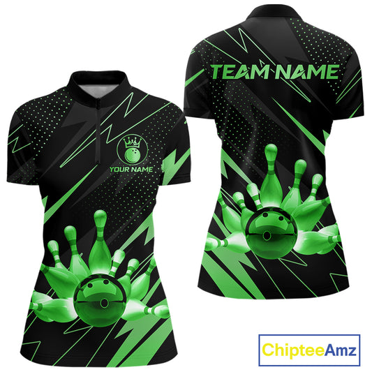 Custom Black and Green Bowling Polo, Quarter Zip Shirts for Women, Team Bowling League Jersey NQS10893