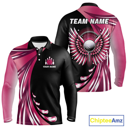 Black and Pink Bowling Ball and Pins wings Bowling Shirts for Men Custom Team Bowling Jerseys NQS10489